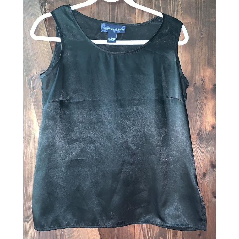 Susan‎ Graver Style Shiny Black Tank Top  Size S Sleeveless Scoop Neck Polyester